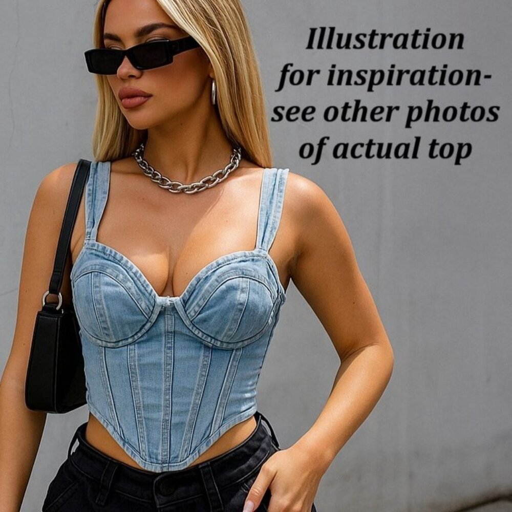PrettyLittleThing Light Blue Wash Denim Corset Top Size 0 Bustier Dip Hem Y2K